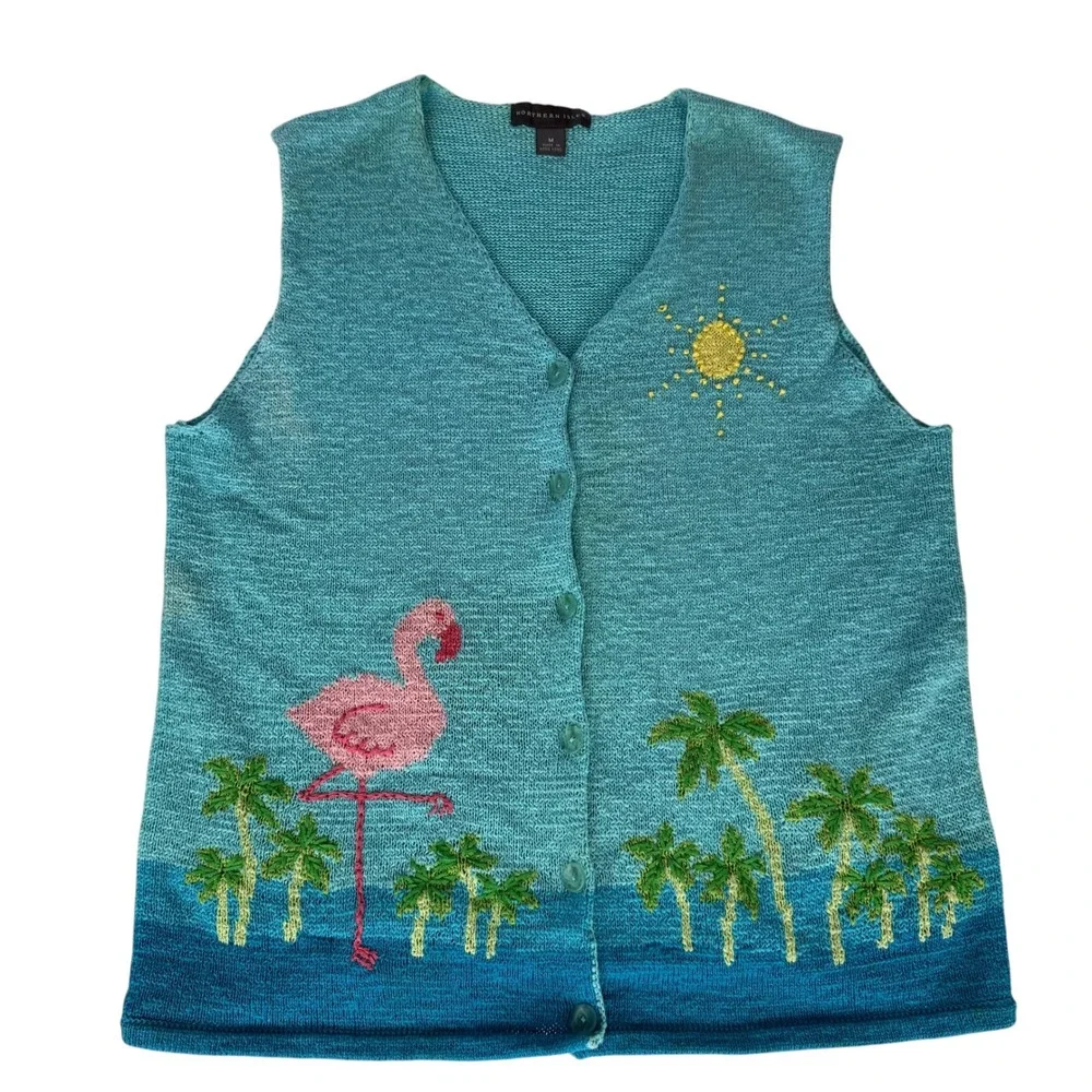 Northern Isles Flamingo Palm Tree Tropical Knit Sweater Vest Blue Womens Medium